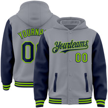 Laden Sie das Bild in den Galerie-Viewer, Custom Gray Navy-Neon Green Bomber Full-Snap Varsity Letterman Two Tone Hoodie Jacket
