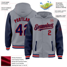 Laden Sie das Bild in den Galerie-Viewer, Custom Gray Navy-Red Bomber Full-Snap Varsity Letterman Two Tone Hoodie Jacket
