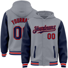 Laden Sie das Bild in den Galerie-Viewer, Custom Gray Navy-Red Bomber Full-Snap Varsity Letterman Two Tone Hoodie Jacket
