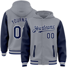 Load image into Gallery viewer, Custom Gray Navy-White Bomber Full-Snap Varsity Letterman Two Tone Hoodie Jacket
