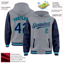 Laden Sie das Bild in den Galerie-Viewer, Custom Gray Navy-Teal Bomber Full-Snap Varsity Letterman Two Tone Hoodie Jacket
