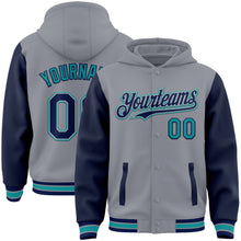 Laden Sie das Bild in den Galerie-Viewer, Custom Gray Navy-Teal Bomber Full-Snap Varsity Letterman Two Tone Hoodie Jacket
