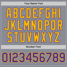 Load image into Gallery viewer, Custom Gray Purple-Gold Bomber Full-Snap Varsity Letterman Two Tone Hoodie Jacket
