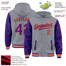 Load image into Gallery viewer, Custom Gray Purple-Orange Bomber Full-Snap Varsity Letterman Two Tone Hoodie Jacket

