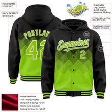 Laden Sie das Bild in den Galerie-Viewer, Custom Black Neon Green-White Gradient Square Shape 3D Pattern Design Bomber Full-Snap Varsity Letterman Hoodie Jacket

