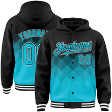 Load image into Gallery viewer, Custom Black Lakes Blue-White Gradient Square Shape 3D Pattern Design Bomber Full-Snap Varsity Letterman Hoodie Jacket
