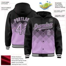 Загрузить изображение в средство просмотра галереи, Custom Black Light Purple-White Gradient Square Shape 3D Pattern Design Bomber Full-Snap Varsity Letterman Hoodie Jacket
