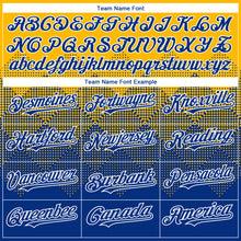 Load image into Gallery viewer, Custom Gold Royal-White Gradient Square Shape 3D Pattern Design Bomber Full-Snap Varsity Letterman Hoodie Jacket
