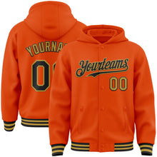 Load image into Gallery viewer, Custom Orange Black-Old Gold Bomber Full-Snap Varsity Letterman Hoodie Jacket
