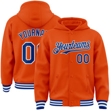 Laden Sie das Bild in den Galerie-Viewer, Custom Orange Royal-White Bomber Full-Snap Varsity Letterman Hoodie Jacket
