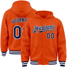 Laden Sie das Bild in den Galerie-Viewer, Custom Orange Navy-White Bomber Full-Snap Varsity Letterman Hoodie Jacket
