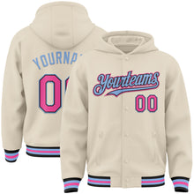 Laden Sie das Bild in den Galerie-Viewer, Custom Cream Pink Black-Light Blue Bomber Full-Snap Varsity Letterman Hoodie Jacket

