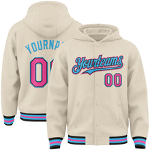 Laden Sie das Bild in den Galerie-Viewer, Custom Cream Pink Black-Sky Blue Bomber Full-Snap Varsity Letterman Hoodie Jacket
