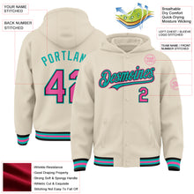 Laden Sie das Bild in den Galerie-Viewer, Custom Cream Pink Black-Aqua Bomber Full-Snap Varsity Letterman Hoodie Jacket
