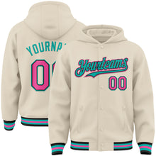 Laden Sie das Bild in den Galerie-Viewer, Custom Cream Pink Black-Aqua Bomber Full-Snap Varsity Letterman Hoodie Jacket
