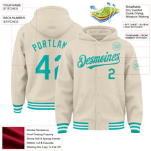 Laden Sie das Bild in den Galerie-Viewer, Custom Cream Aqua-White Bomber Full-Snap Varsity Letterman Hoodie Jacket
