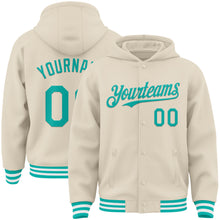 Laden Sie das Bild in den Galerie-Viewer, Custom Cream Aqua-White Bomber Full-Snap Varsity Letterman Hoodie Jacket
