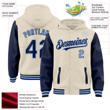 Загрузить изображение в средство просмотра галереи, Custom Cream Navy-Light Blue Bomber Full-Snap Varsity Letterman Two Tone Hoodie Jacket
