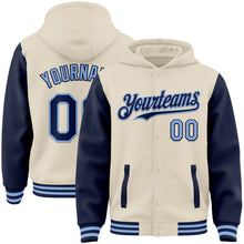 Загрузить изображение в средство просмотра галереи, Custom Cream Navy-Light Blue Bomber Full-Snap Varsity Letterman Two Tone Hoodie Jacket
