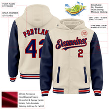 Загрузить изображение в средство просмотра галереи, Custom Cream Navy Red-White Bomber Full-Snap Varsity Letterman Two Tone Hoodie Jacket

