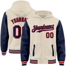 Загрузить изображение в средство просмотра галереи, Custom Cream Navy Red-White Bomber Full-Snap Varsity Letterman Two Tone Hoodie Jacket
