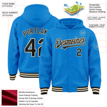 Laden Sie das Bild in den Galerie-Viewer, Custom Powder Blue Black-Cream Bomber Full-Snap Varsity Letterman Hoodie Jacket
