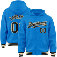 Laden Sie das Bild in den Galerie-Viewer, Custom Powder Blue Black-Cream Bomber Full-Snap Varsity Letterman Hoodie Jacket
