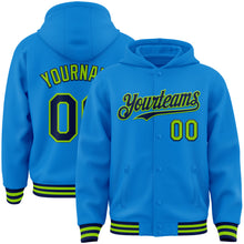 Загрузить изображение в средство просмотра галереи, Custom Powder Blue Navy-Neon Green Bomber Full-Snap Varsity Letterman Hoodie Jacket
