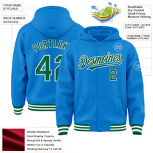 Laden Sie das Bild in den Galerie-Viewer, Custom Powder Blue Kelly Green-White Bomber Full-Snap Varsity Letterman Hoodie Jacket
