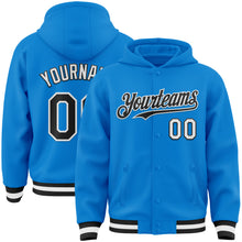Загрузить изображение в средство просмотра галереи, Custom Powder Blue Black-White Bomber Full-Snap Varsity Letterman Hoodie Jacket
