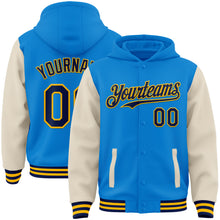Laden Sie das Bild in den Galerie-Viewer, Custom Powder Blue Navy Cream-Gold Bomber Full-Snap Varsity Letterman Two Tone Hoodie Jacket
