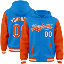 Load image into Gallery viewer, Custom Powder Blue Orange-White Bomber Full-Snap Varsity Letterman Two Tone Hoodie Jacket
