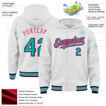 Laden Sie das Bild in den Galerie-Viewer, Custom White Aqua Black-Pink Bomber Full-Snap Varsity Letterman Hoodie Jacket
