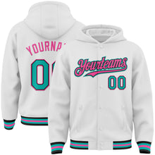 Laden Sie das Bild in den Galerie-Viewer, Custom White Aqua Black-Pink Bomber Full-Snap Varsity Letterman Hoodie Jacket
