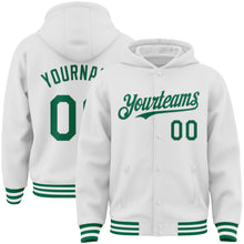 Load image into Gallery viewer, Custom White Kelly Green Bomber Full-Snap Varsity Letterman Hoodie Jacket
