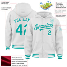 Загрузить изображение в средство просмотра галереи, Custom White Aqua Bomber Full-Snap Varsity Letterman Hoodie Jacket
