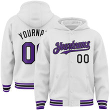Laden Sie das Bild in den Galerie-Viewer, Custom White Purple-Black Bomber Full-Snap Varsity Letterman Hoodie Jacket
