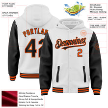 Laden Sie das Bild in den Galerie-Viewer, Custom White Black-Orange Bomber Full-Snap Varsity Letterman Two Tone Hoodie Jacket
