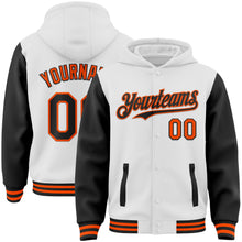 Laden Sie das Bild in den Galerie-Viewer, Custom White Black-Orange Bomber Full-Snap Varsity Letterman Two Tone Hoodie Jacket
