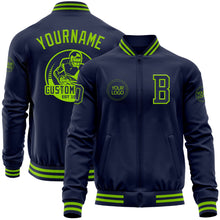 Load image into Gallery viewer, Custom Navy Neon Green Bomber Varsity Letterman Zipper Jacket
