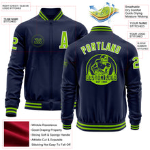 Load image into Gallery viewer, Custom Navy Neon Green-White Bomber Varsity Letterman Zipper Jacket
