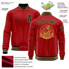 Laden Sie das Bild in den Galerie-Viewer, Custom Red Black-Old Gold Bomber Varsity Letterman Zipper Jacket
