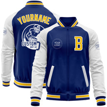 Загрузить изображение в средство просмотра галереи, Custom Royal Yellow-White Bomber Varsity Letterman Two Tone Zipper Jacket
