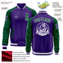 Laden Sie das Bild in den Galerie-Viewer, Custom Purple Kelly Green-White Bomber Varsity Letterman Two Tone Zipper Jacket
