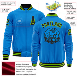 Custom Powder Blue Black-Neon Green Bomber Varsity Letterman Zipper Jacket