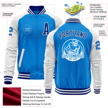 Laden Sie das Bild in den Galerie-Viewer, Custom Powder Blue Royal-White Bomber Varsity Letterman Two Tone Zipper Jacket
