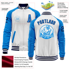 Laden Sie das Bild in den Galerie-Viewer, Custom White Navy-Powder Blue Bomber Varsity Letterman Two Tone Zipper Jacket
