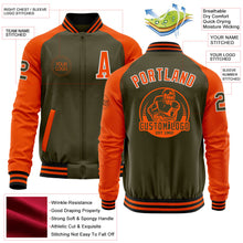 Laden Sie das Bild in den Galerie-Viewer, Custom Olive White-Orange Bomber Varsity Letterman Two Tone Salute To Service Zipper Jacket
