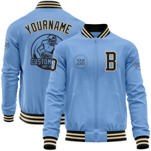 Laden Sie das Bild in den Galerie-Viewer, Custom Light Blue Black-Cream Bomber Varsity Letterman Zipper Jacket
