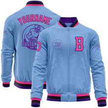 Laden Sie das Bild in den Galerie-Viewer, Custom Light Blue Pink Purple-Black Bomber Varsity Letterman Zipper Jacket
